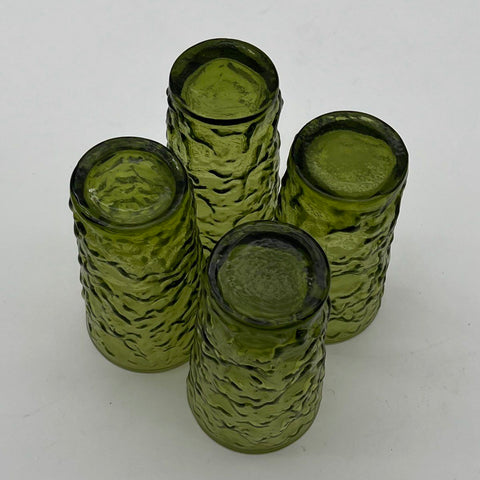 Pressed Glass Olive Green Juice Tumblers 4 Piece Set Textured Bark Vintage