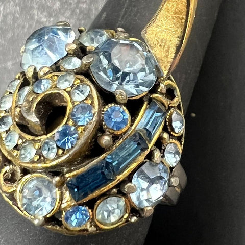 Vintage MCM Hollycraft Ring Silver Tone Blue Rhinestones *Missing Stones