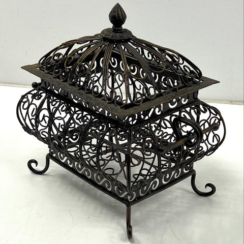 Vintage Wrought Iron Decorative Chest Domed Lid Scrolled Filigree Basket Box