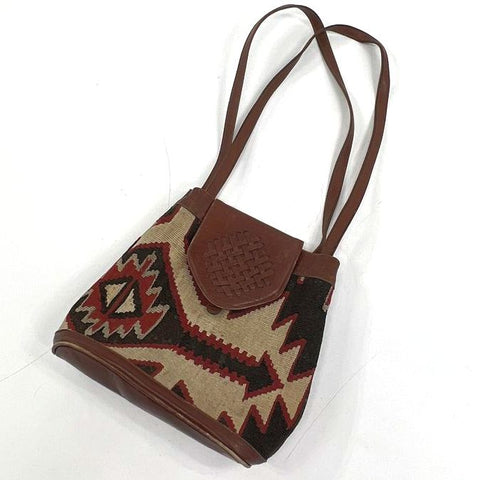 Vintage 90s Yun Art Brown Woven Kilim Southwestern Leather Shoulder Bag Tote