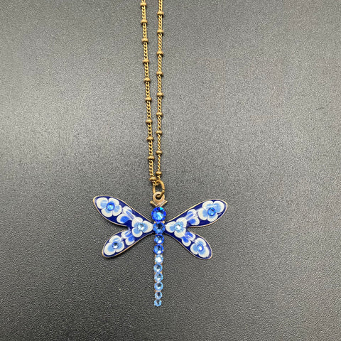 Anne Koplik Blue Enamel Crystal Dragonfly Necklace Brass Tone Made in USA