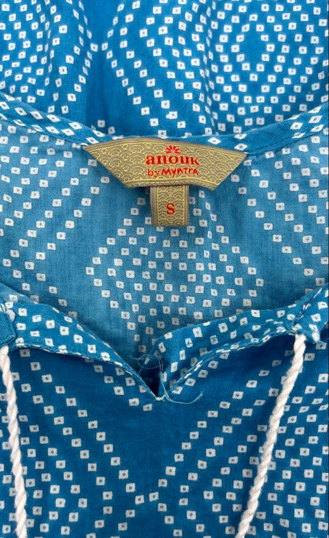 Anouk by Myntra Women's Blue Geometric Print Cotton Tassel Tie Neck Dress Sz S