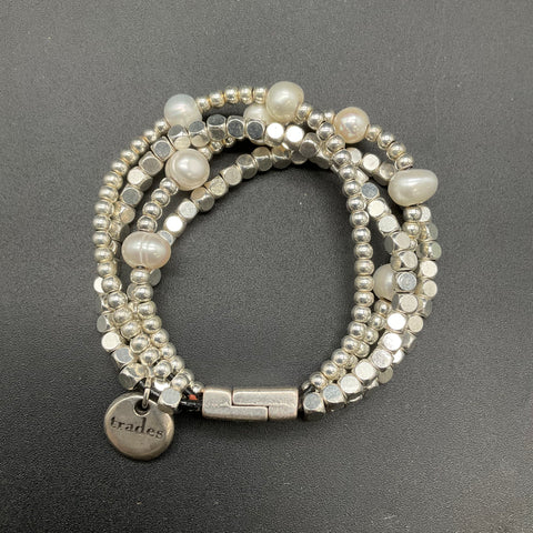 Trades by Haim Shahar Silver Tone Multi-Strand White Pearl Beaded Bracelet
