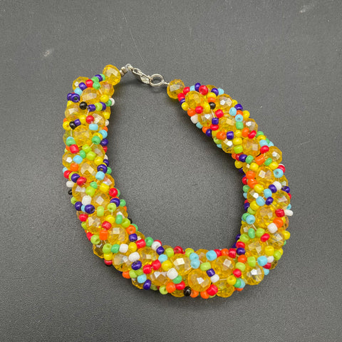 Colorful Beaded Boho Jewelry Set Necklace Bracelet Drop Earrings Yellow 3 Piece