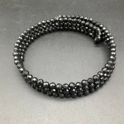 1928 Black Faceted Bead Memory Wire Wrap Bracelet Set 2 Piece Vintage Style