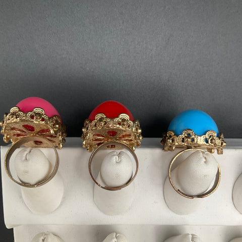 Vintage Retro Gold Tone Adjustable Jumbo Plastic Cabochon Rings Jewelry Lot of 3