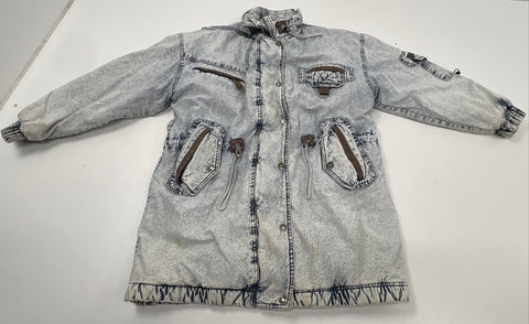 Vintage 90s East West Acid Wash Denim Parka Jacket Hooded Patterned Lining Sz L