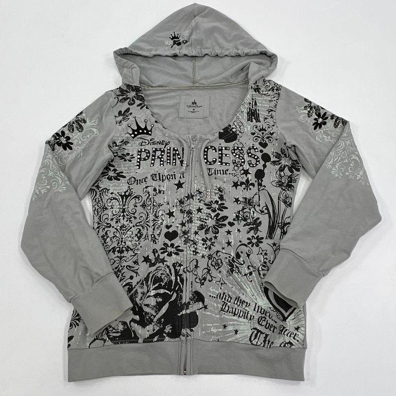 Women's Disney Parks Grey & Black Graphic Full Zip Hoodie - Size Medium