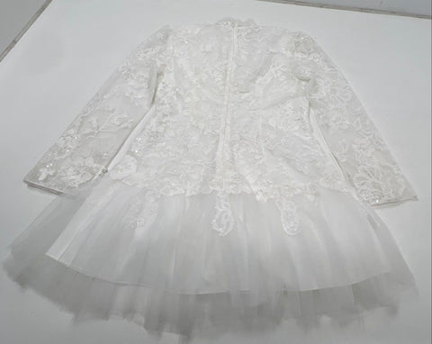 Untamed Petals Women's White Lace Sequin Tulle Mini Dress Mock Neck Bridal Sz M