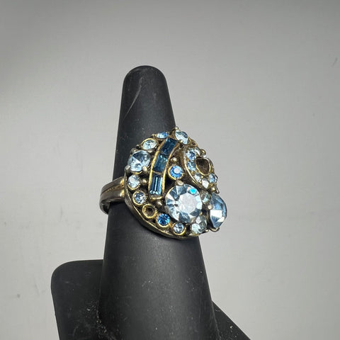 Vintage MCM Hollycraft Ring Silver Tone Blue Rhinestones *Missing Stones