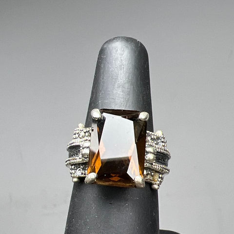Sterling Silver Brown Rhinestone Marcasite Accent Ring Size 5 7.9g