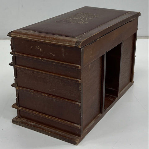 Vintage Wood Desk Jewelry Box Arc de Triomphe Style Greco-Roman Tooled Leather