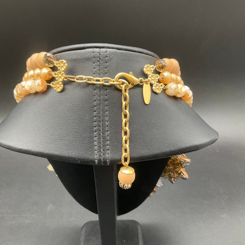 Lenora Dame 3-Strand Statement Necklace Wood Faux Pearl Floral Flower Bow