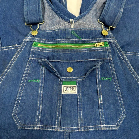 Liberty Men's Blue Denim Overalls Cut-off Shorts Green Zipper Sz 34x30