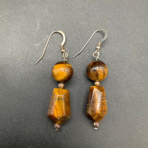 925 Sterling Silver Tiger's Eye Necklace & Dangle Earrings Set Vintage Style