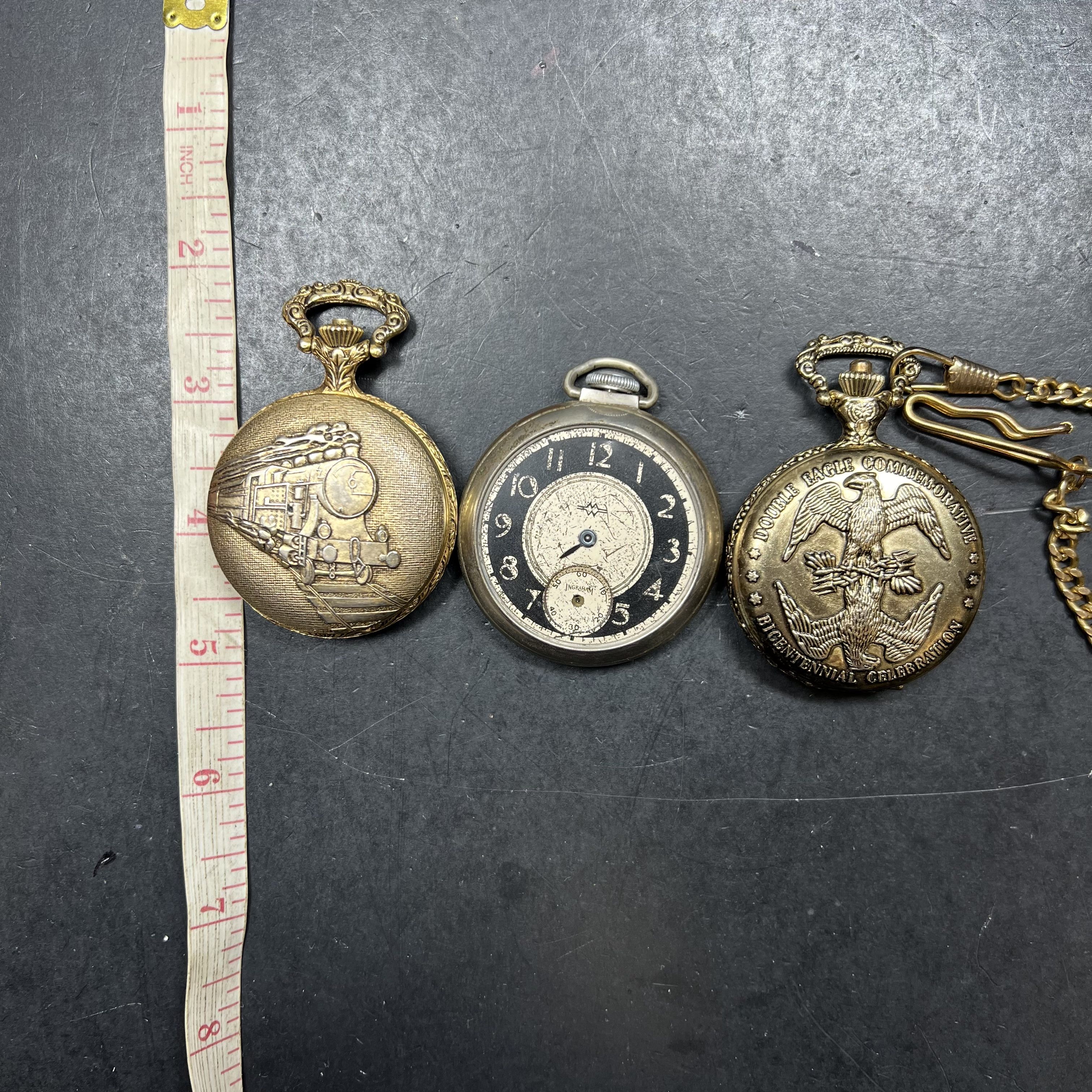 Lot of 3 Gold Tone Pocket Watches Fair Condition for Prop Repair Parts