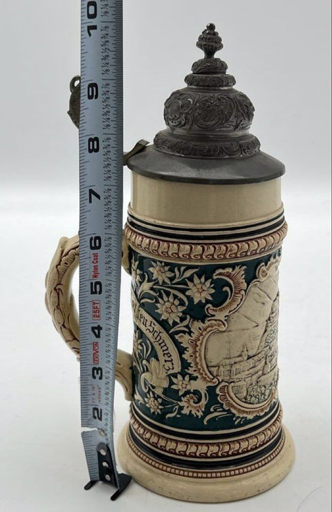 Vintage Beer Stein Salzburg Austria Relief Ceramic Stoneware Pewter Lid 10 Inch