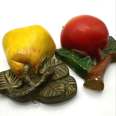 Vintage Chalkware Fruit Wall Hangings Set of 2 Apple & Pear Retro Kitchen Decor