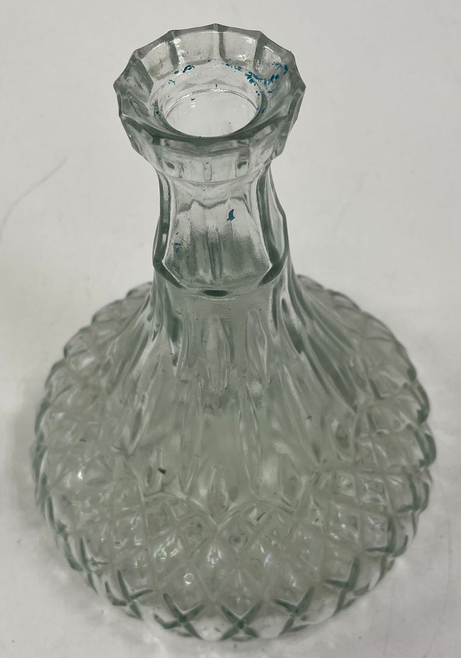 Vintage Pressed Glass Pineapple Decanter Blue Stopper 11.5" Clear Mid-Century