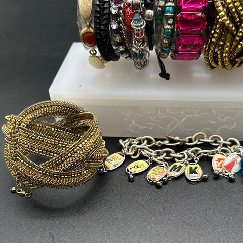 Costume Jewelry Lot of 25+ Vintage & Modern Bracelets Bangles Rhinestone Charms
