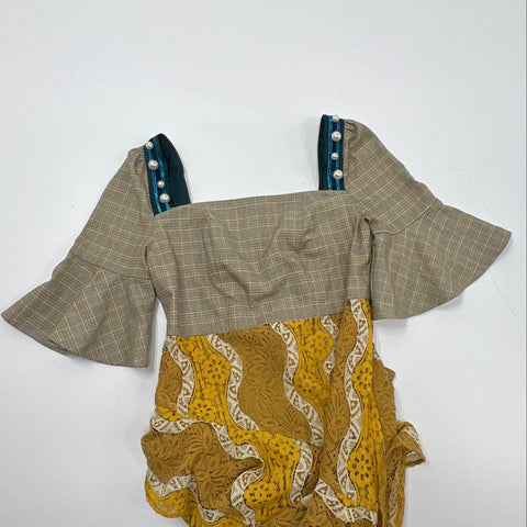 LuLualways Yellow Brown Plaid Lace Ruffle Asymmetrical Dress Women's Size 9