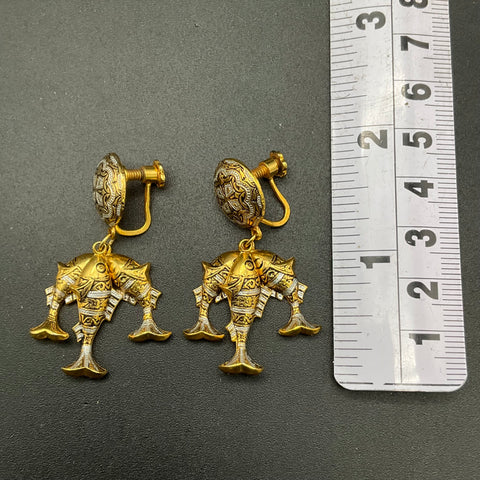 Vintage Etruscan Revival Damascene Style Fish Drop Earrings Screw Back
