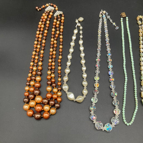 Vintage Costume Jewelry Lot 7 Necklaces Faux Pearl AB Crystal Rhinestone Deco