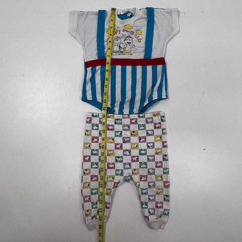 Vintage 80s Peanuts Snoopy Kids Romper and Pants Set Swim Club USA Made Sz 12M