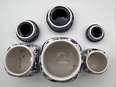 Country Living 3 Piece Canister Set Blue Splatter Stoneware Vintage Jars
