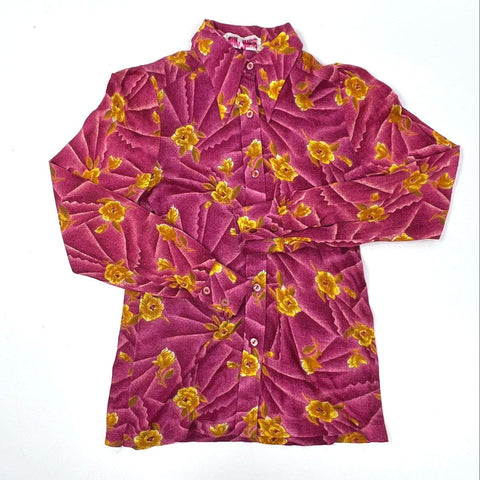 Vintage 70s Lady Ronnie Women's Pink Floral Dagger Collar Button Up Blouse Sz 36