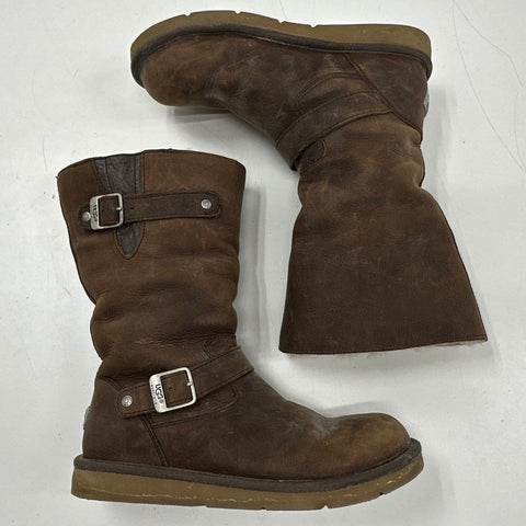 UGG Kensington Chocolate Brown Leather Moto Buckle Shearling Boots Size 10