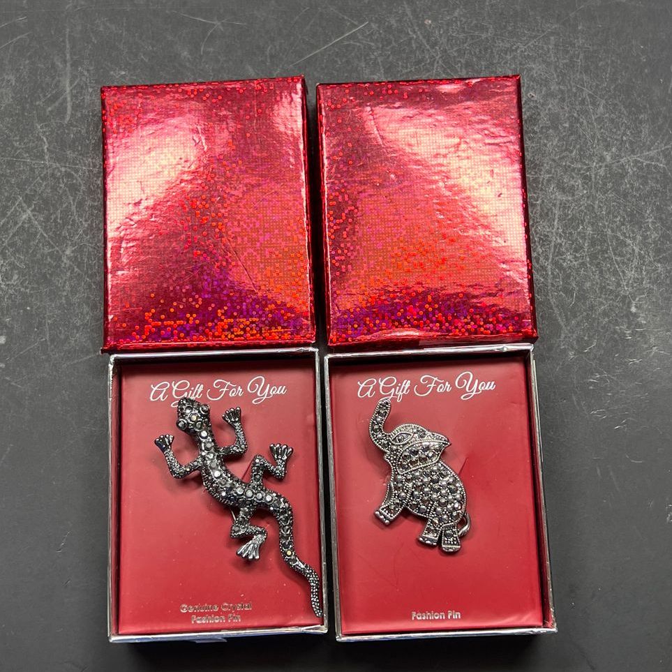 Genuine Crystal Lizard & Elephant Brooches NIB