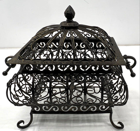 Vintage Wrought Iron Decorative Chest Domed Lid Scrolled Filigree Basket Box
