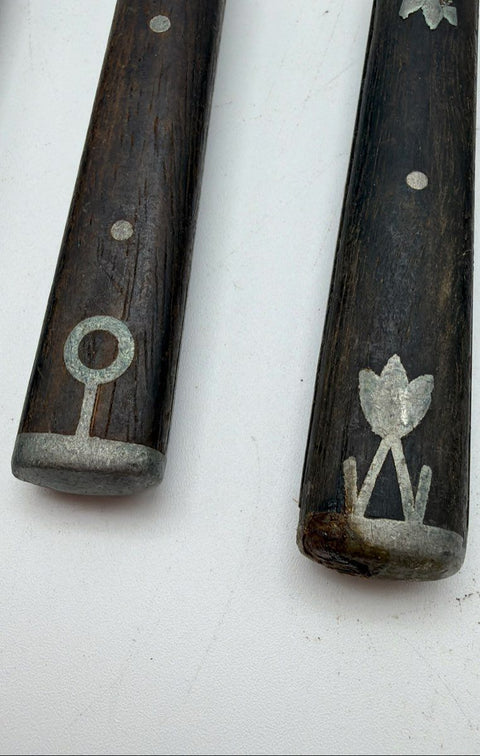 Vintage Folk Art Inlaid Handle Cutlery 8pc Set Wood Bone Steel Forks Knives