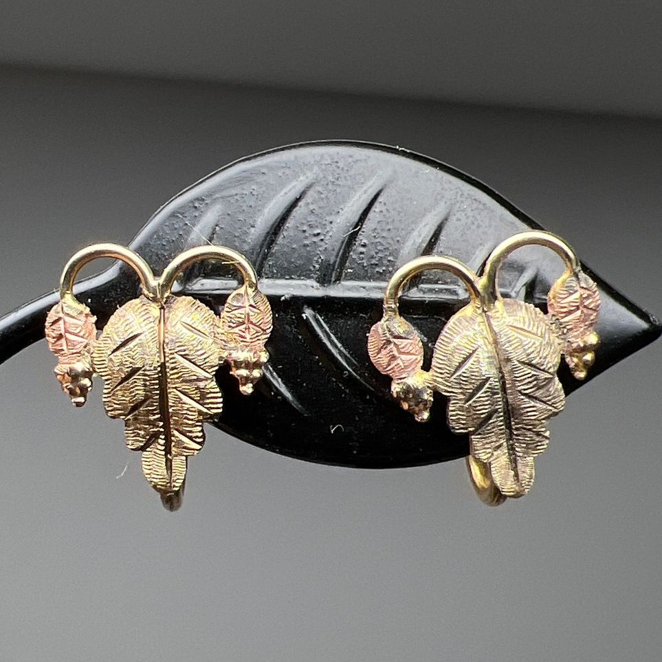 12K Black Hills Gold Leafy & 1/20 12GF Screw Back Earrings 2.3g