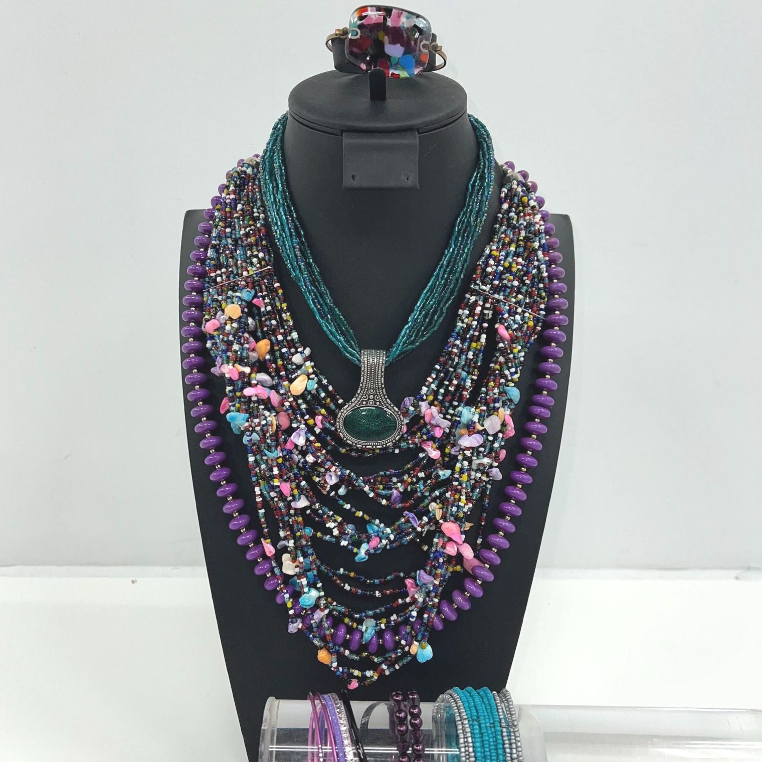 Lot of Statement Beaded Vibrant Teal Purple Multicolor Necklaces Bracelets