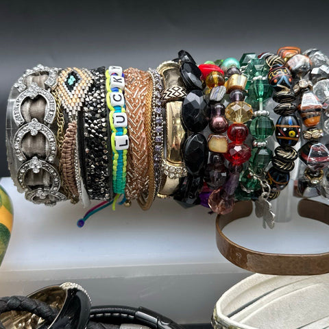 Vintage to Modern Costume Jewelry Lot of 40+ Bracelets Bangles Cuffs Beaded Boho