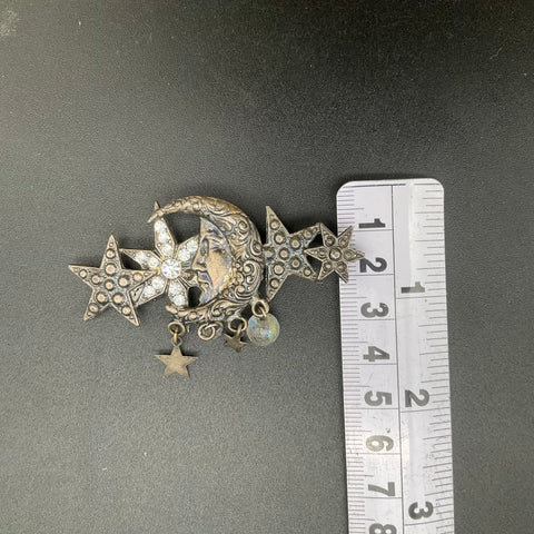 Vintage Kirks Folly Antiqued Silver Tone Celestial Crescent Moon Star Brooch