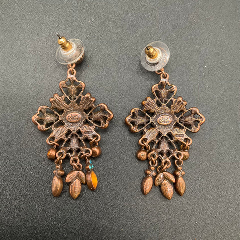 Vintage Joan Rivers Copper Tone Amber Teal Rhinestone Byzantine Drop Earrings 3"