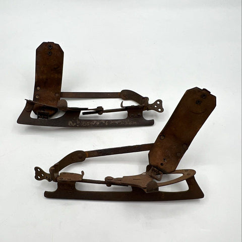 Vintage Antique Primitive Metal Clamp-On Ice Skates Leather Straps Pair