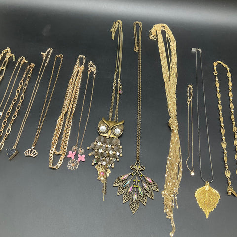 Mixed Costume Jewelry Lot of 12 Necklaces Gold Tone Vintage Style Owl Leaf Bib
