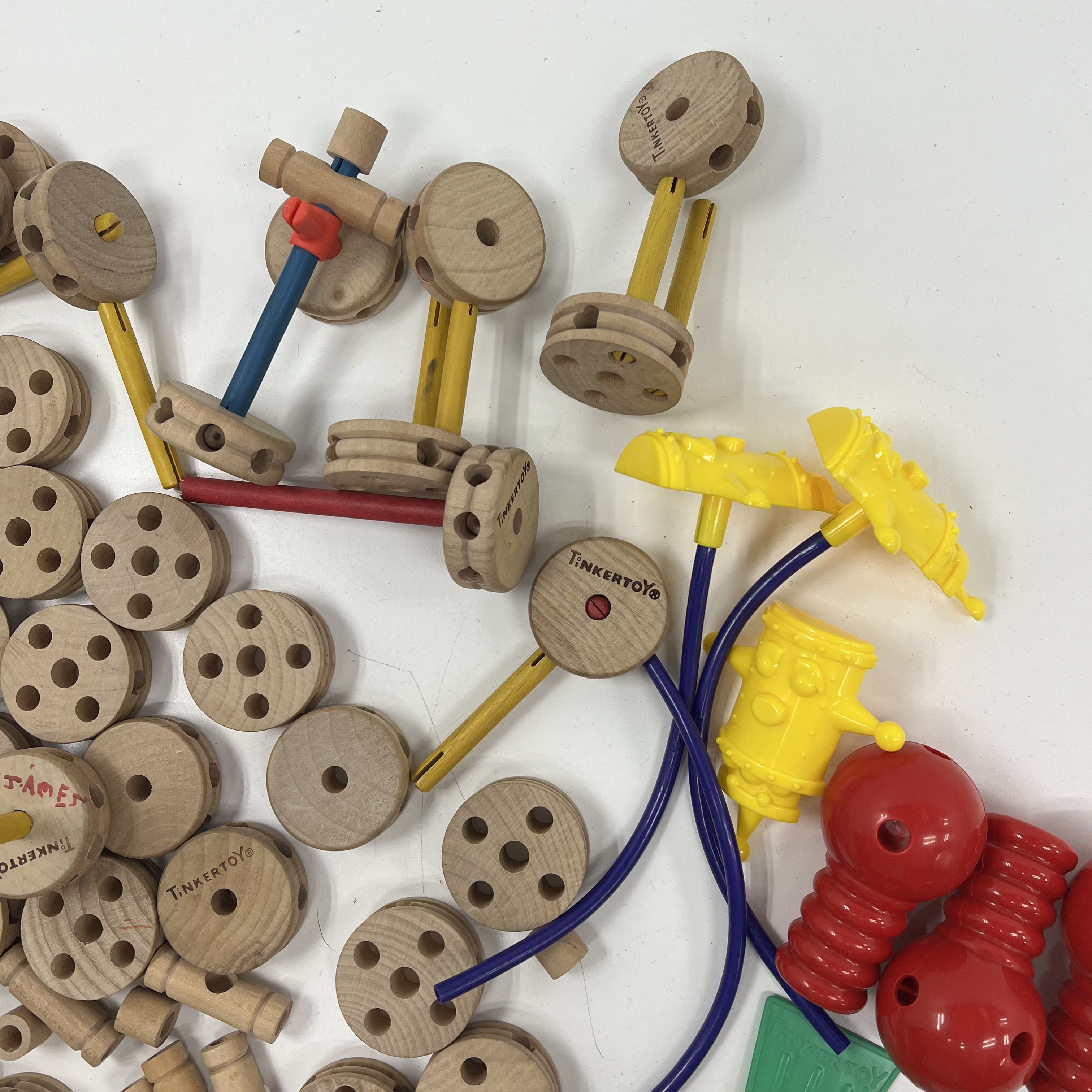 Vintage Tinkertoy Lot Wood & Plastic Pieces Mixed Construction Building Set