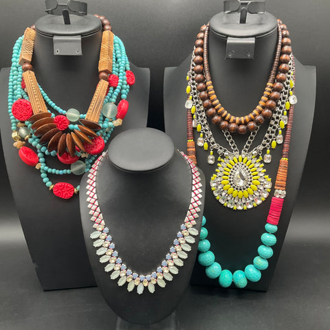 Statement Necklace Jewelry Lot of 7 Wood Faux Turquoise Neon Yellow Rhinestone