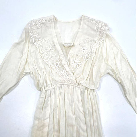 Spencer Alexis Women's Vintage 90s Ivory Rayon Lace Pearl Trim Maxi Dress Sz 12