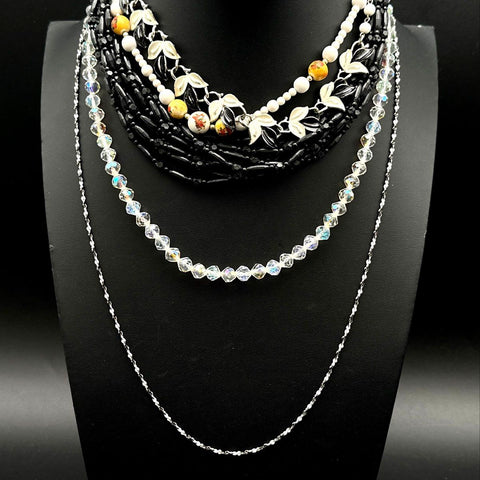 Vintage Costume Jewelry Lot 6 Necklaces Rhinestone Faux Pearl Beaded Mid-Century