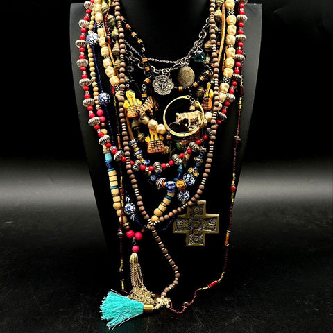 Eclectic Bohemian Beaded Necklace Jewelry Lot Wood Glass Ethnic Tribal 12pc