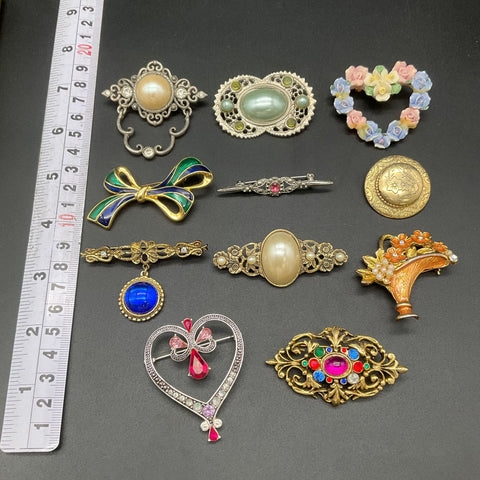 Victorian Revival Style Costume Jewelry Lot 11 Brooches Faux Pearl Enamel