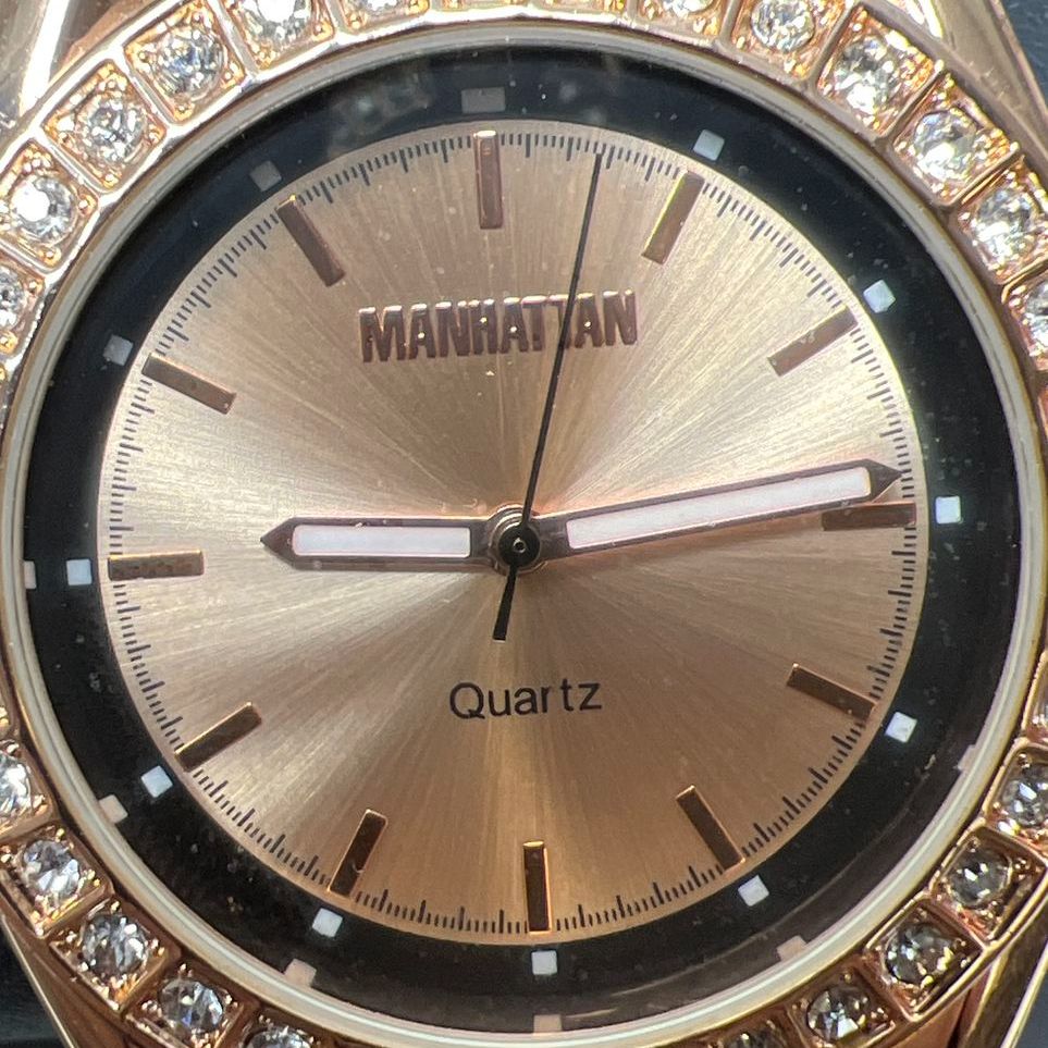 Manhattan by Croton CM404248 Rhinestone Black Leather Band Watch New Battery