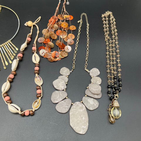 Boho Tribal Statement Costume Jewelry Lot of 7 Necklaces Beaded Shell Collar