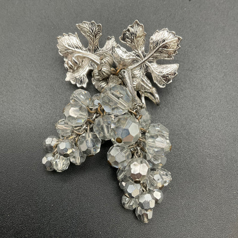 Vintage Silver Tone Crystal Grape Cluster Brooch & Clip-On Earrings Set